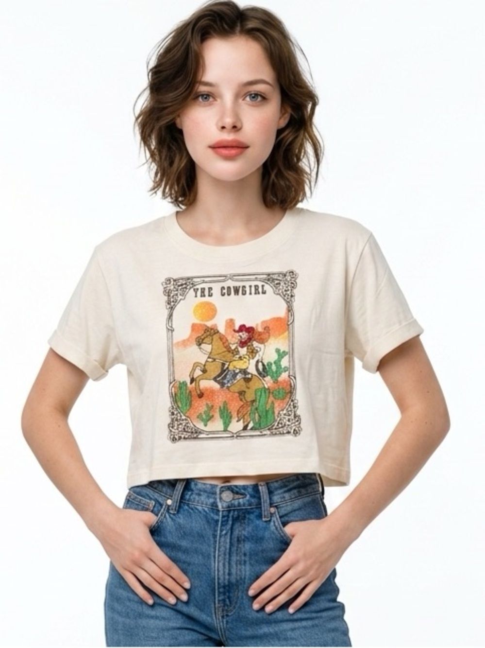 LA LUNA | NEW The Cowgirl Cream Graphic Crop Top Tee Women’s Size X-Large
